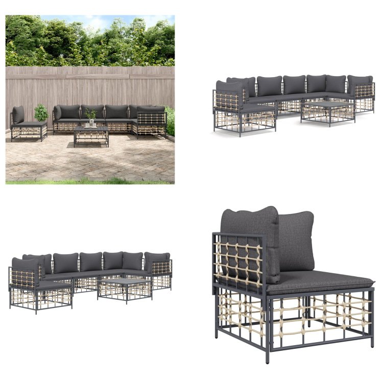 vidaXL 7-częściowy zestaw wypoczynkowy do ogrodu z poduszkami antracytowy rattan - Zestaw wypoczynkowy do ogrodu - Zestawy wypoczynkowe do ogrodu - Zestaw wypoczynkowy - Meble ogrodowe