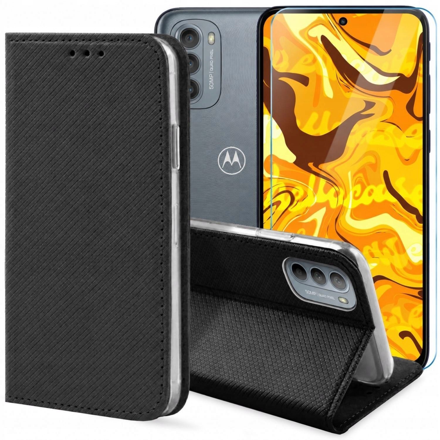 krainaGSM Etui z Klapką Do Motorola Moto G31 / G41 Czarne, Zamykane, Kabura Szkło BNDL0592
