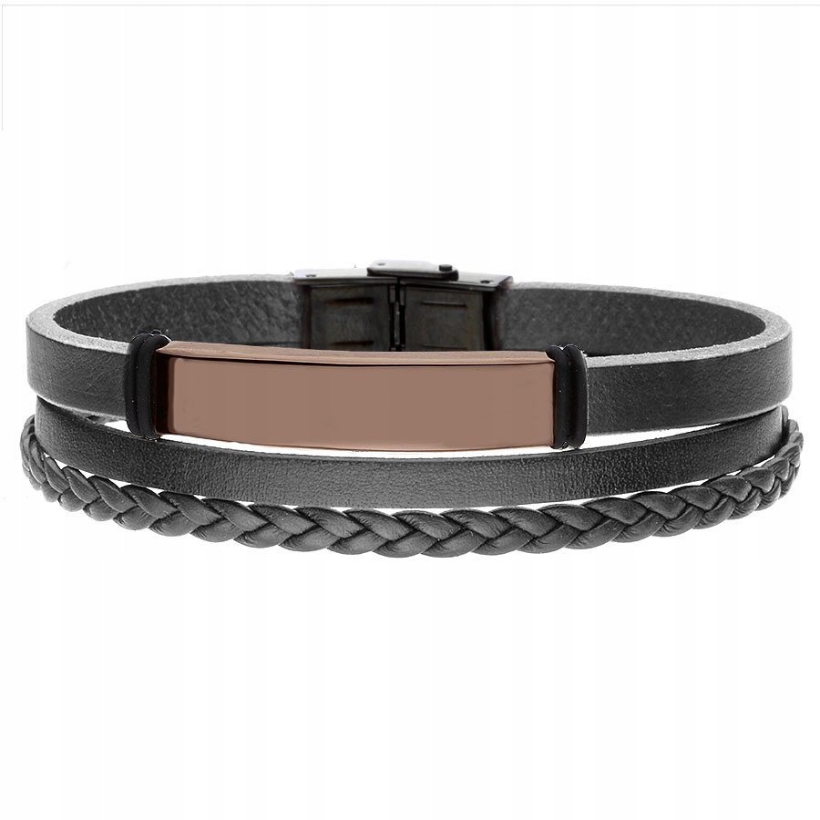 Męska Bransoletka Czarna Miedziana Skóra Grawer