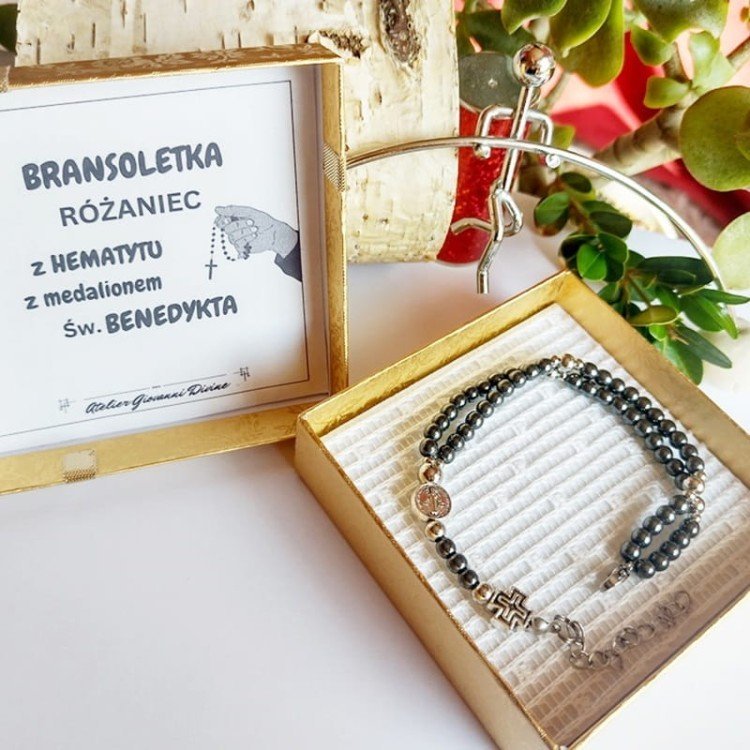 Bransoletka RÓŻANIEC na rękę z HEMATYTU medalion św. Benedykta/GiovanniDivine