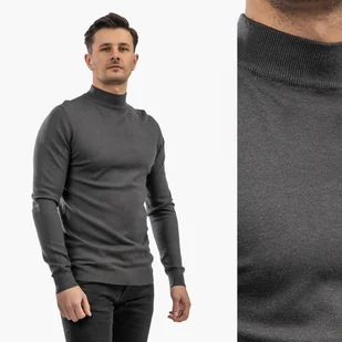 Sweter Męski Półgolf Elegancki Wiskoza Dopasowany Ciemny Szary L Szary - Swetry męskie - miniaturka - grafika 1