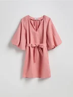 Sukienki - Reserved - Lniana sukienka z wiązaniem - koralowy - miniaturka - grafika 1