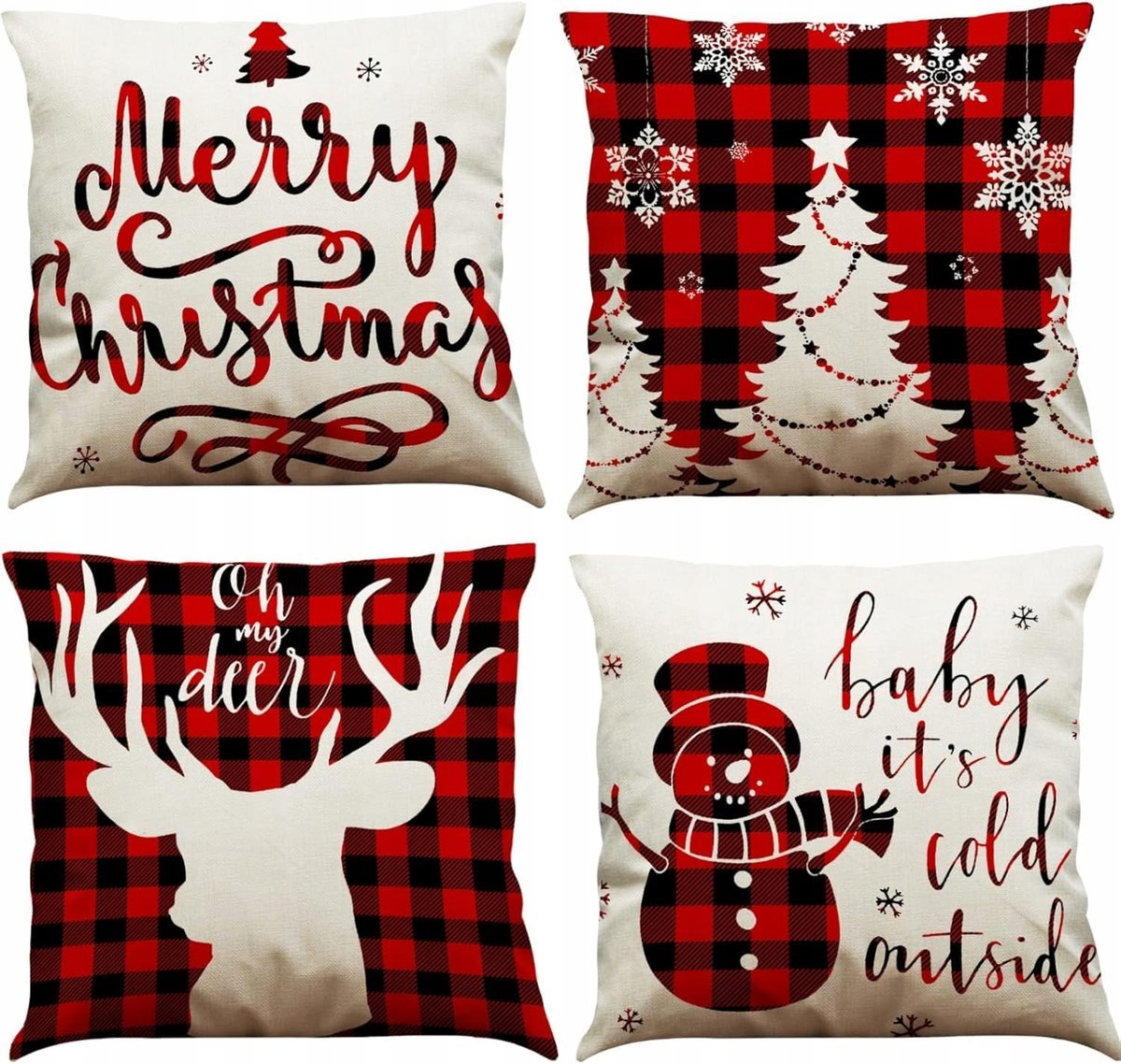 ALINK Poszewki Świąteczne 45x45cm Bawełna Len Czerwone Dekoracje