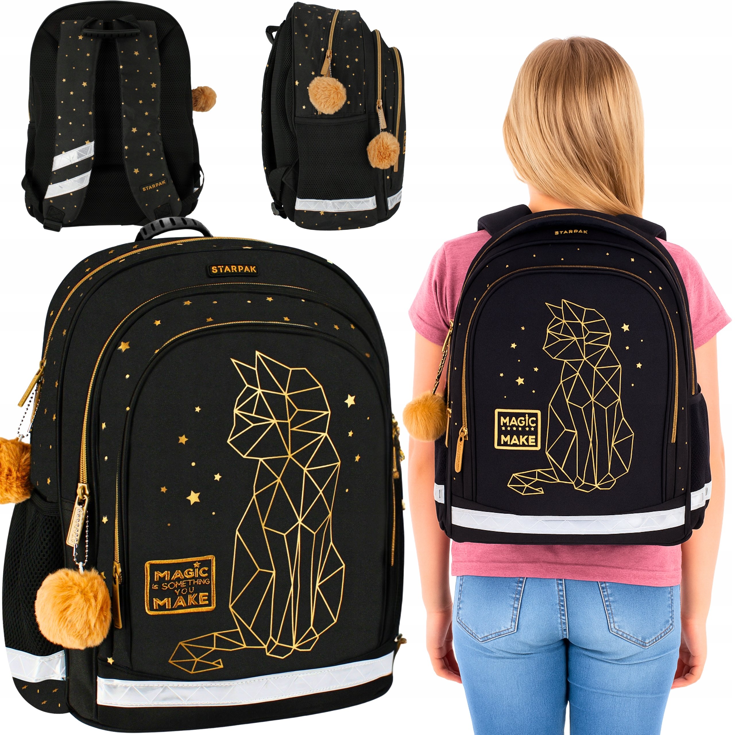 Plecak Szkolny Dla Dziewczynki Czarny Złoty Kot Kotek Tornister Klasa 1 3