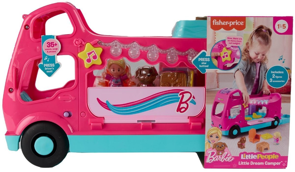 Fisher-Price Little People HYR86 zabawka dla małych dzieci, do kampera, zestaw do zabawy z muzyką, światłami i 2 figurkami, od 18 miesięcy, wersja w..
