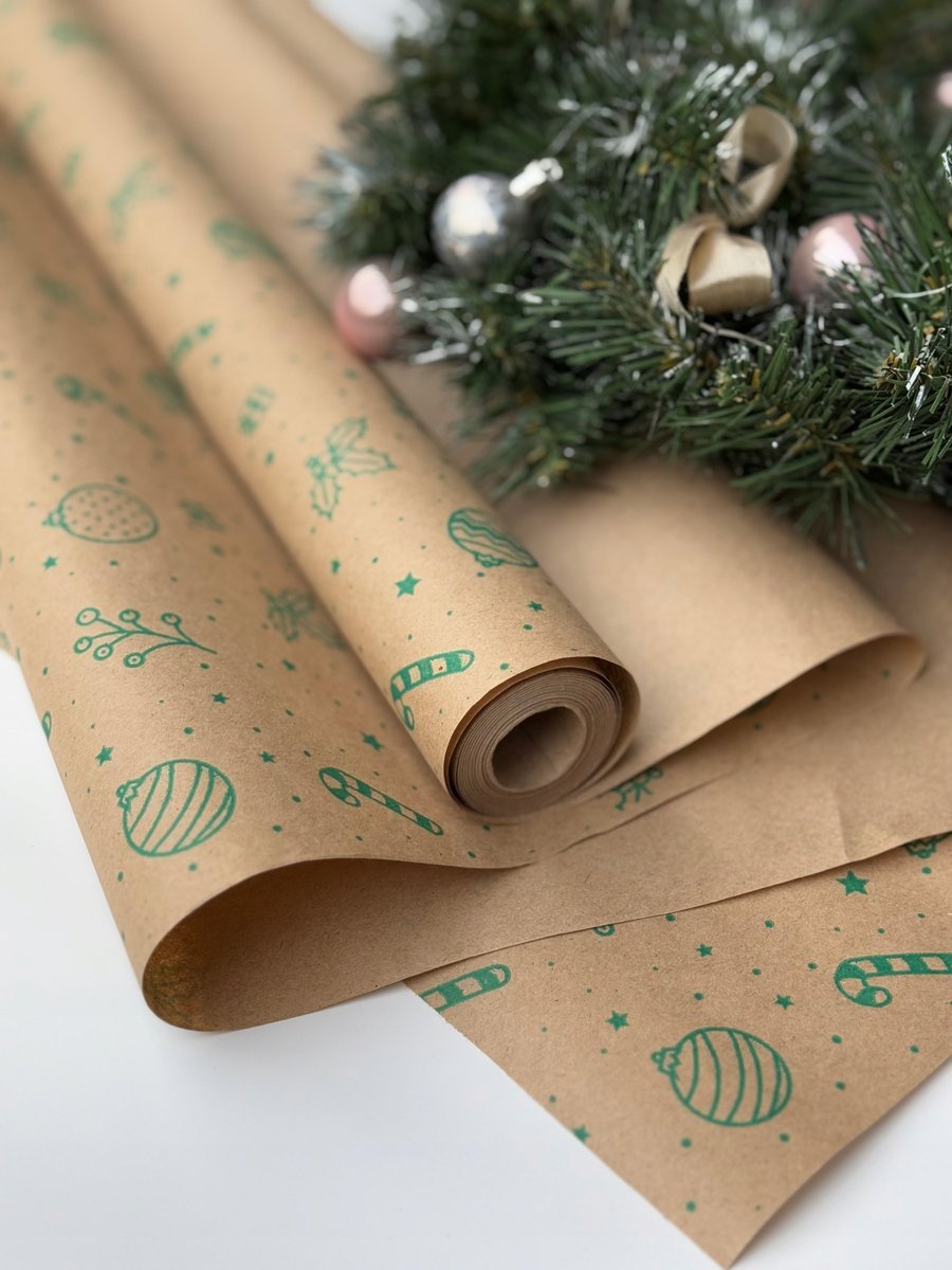 Papier kraftowy Świąteczna Atmosfera 60cm x 10m Ozdobny, zielony