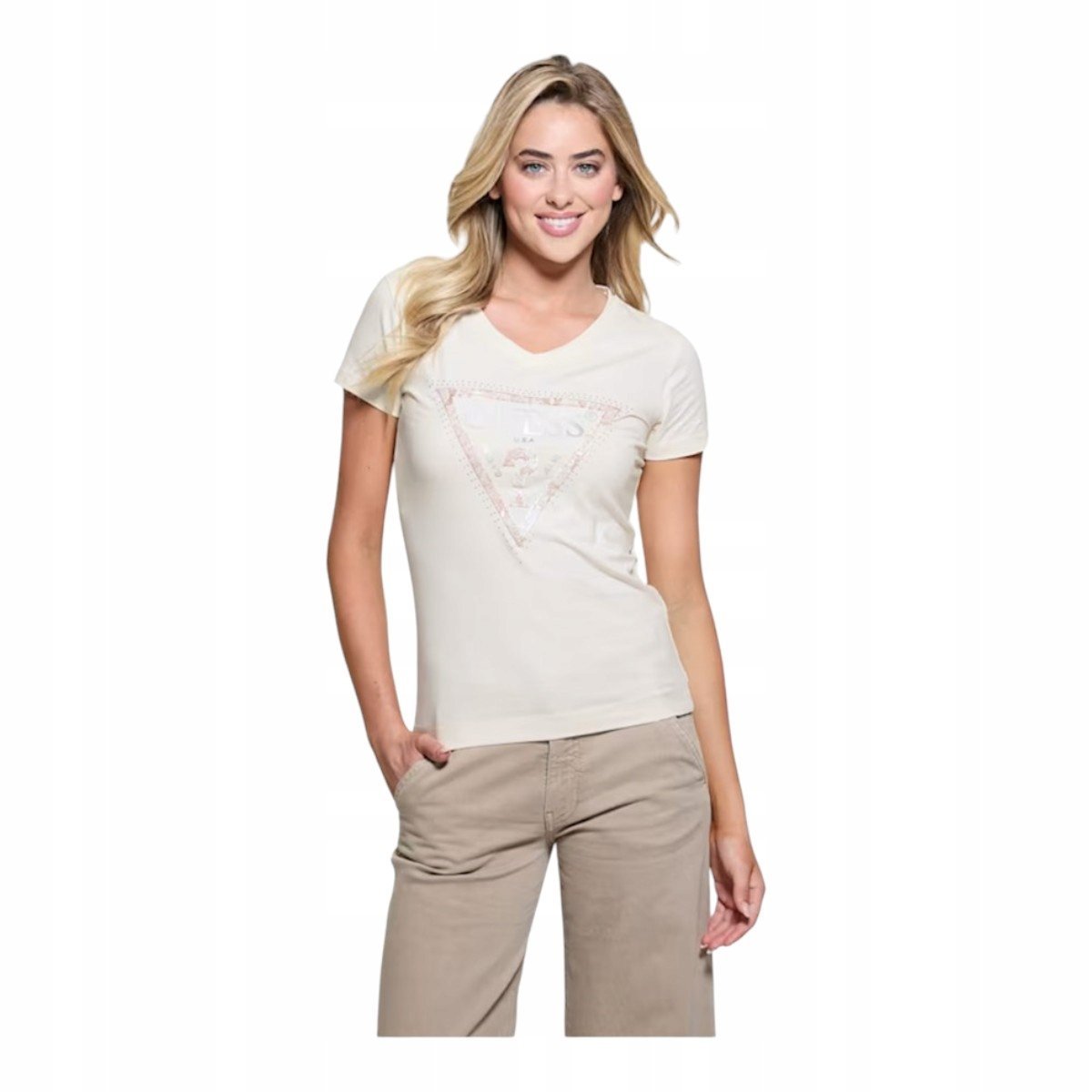 GUESS KOSZULKA DAMSKA T-SHIRT SS VN PYTHON TRIANGL ECRU r.S