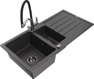 Mexen Andres zlewozmywak granitowy 1,5-komorowy z ociekaczem i baterią kuchenną Duo, czarny nakrapiany - 6515-76-671701-07-B - Zlewozmywaki z baterią - miniaturka - grafika 1