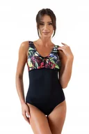 Stroje kąpielowe - 1015 Strój kąpielowy jednoczęściowy kostium damski kwiaty czarny 2XL Spin - miniaturka - grafika 1