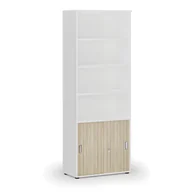 Szafy biurowe - Szafa biurowa kombinowana PRIMA WHITE, drzwi przesuwne na 2 poziomach, 2128 x 800 x 420 mm, biały/dąb naturalny - miniaturka - grafika 1
