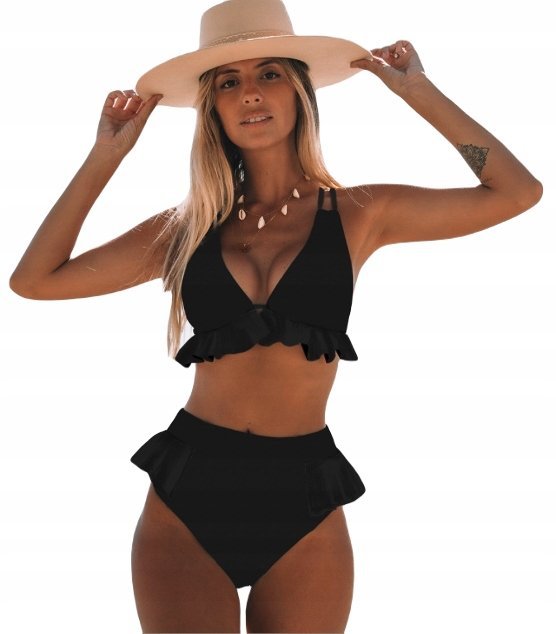 Strój Kąpielowy Wysoki Stan Z Falbanami Czarny M