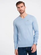 Swetry męskie - Elegancki męski sweter V-neck BASIC z wiskozą jasnoniebieski V10 OM-SWBS-0107 - Ombre Clothing - miniaturka - grafika 1