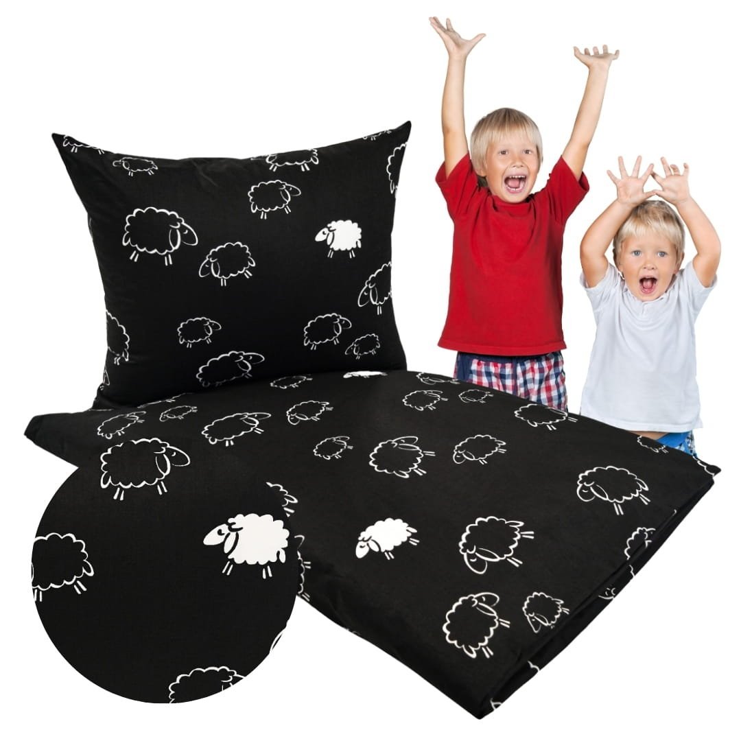 Komplet Pościeli Dziecięcej 120x160 + 50x70 Owieczki Na Czarnym 100% Bawełna Polski Producent