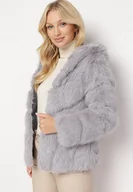 Kurtki damskie - Szara Futrzana Kurtka z Kapturem Daviella - miniaturka - grafika 1