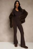 Spodnie damskie - Brązowe Dzianinowe Spodnie z Wiskozą o Kroju Flare Zetene - miniaturka - grafika 1