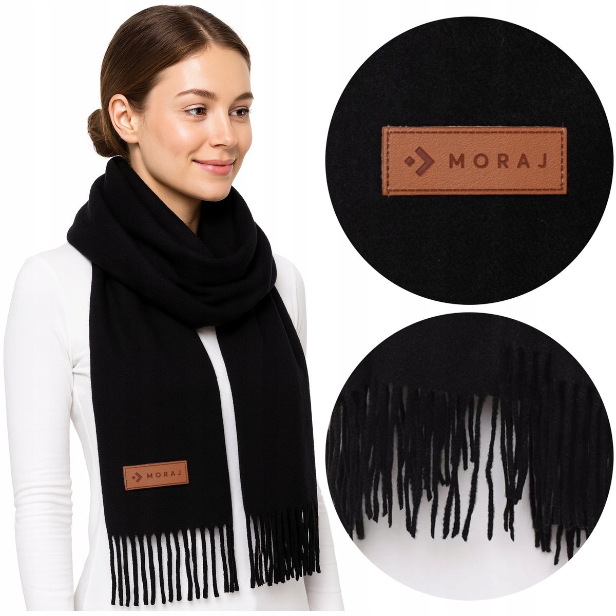 SZAL DAMSKI Szalik Czarny na Zimę Ciepły z Frędzlami KLASYCZNY MORAJ 180x70