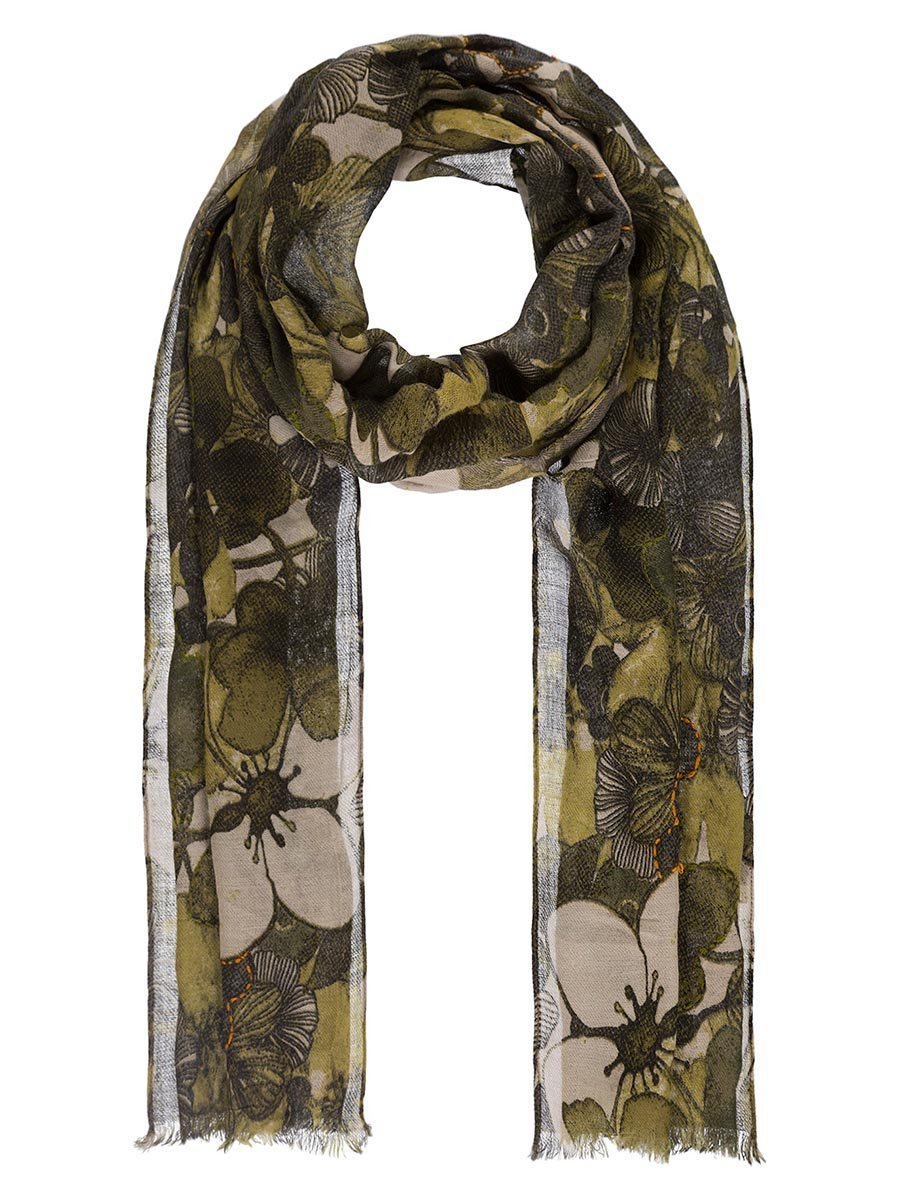 Szalik z kwiatowym wzorem i haftem oliwkowy Passigatti