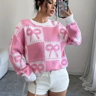 Swetry damskie - TEMU Sweter z Eleganckim Kokardą dla Kobiet - Kolorowy Pulower z Okrągłym Dekoltem, Miękki Różowo-Biały Żebrowany Materiał, Wszechsezonowa Bluzka na - miniaturka - grafika 1