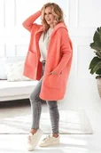 Swetry damskie - Długi kardigan z kapturem - koralowy One size - miniaturka - grafika 1