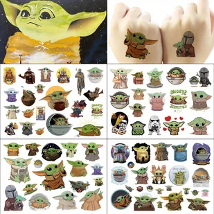TEMU Oficjalnie Licencjonowane Naklejki z Tatuażami Yody STAR WARS - 6 Uroczych Projektów ze Sercami, Mieczami Świetlnymi & Postaciami Star Wars - - Wyposażenie studia tatuażu - miniaturka - grafika 1