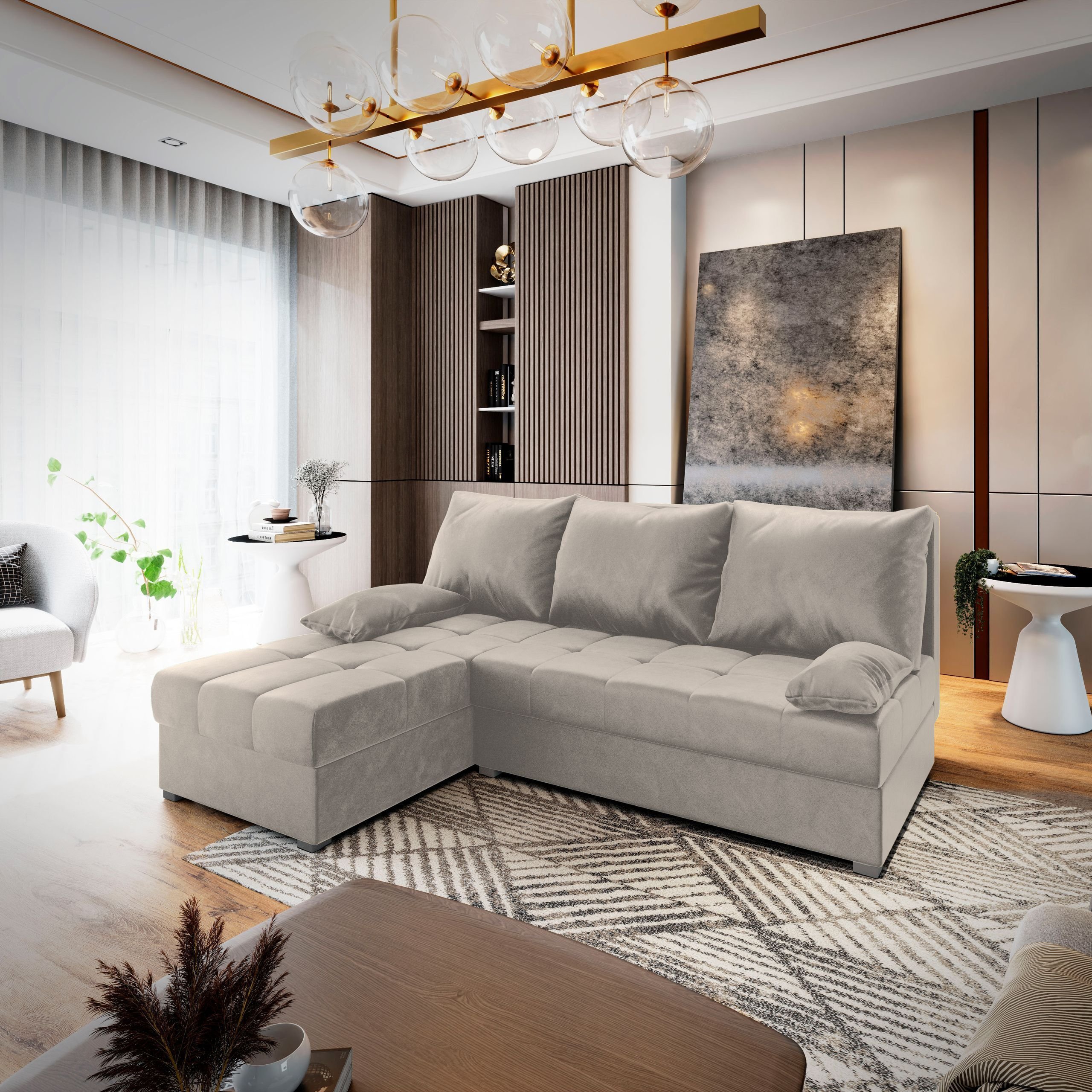 Masseno Narożnik RITA z funkcją spania i pojemnikiem na pościel Kształt L, Rozkładana sofa, Rogówka - Beżowy, PAROS 02