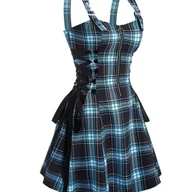 Sukienki - TEMU Stylowa Sukienka w Kratę dla Kobiet z Zamkiem i Paskami na Ramiączkach - Casualowa z Odkrytymi Ramionami, A-Linia, Poliester, Możliwość Prania w - miniaturka - grafika 1