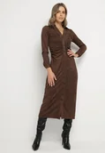Sukienki - Brązowa Koszulowa Sukienka z Imitacji Zamszu z Marszczeniem w Talii Eselea - miniaturka - grafika 1