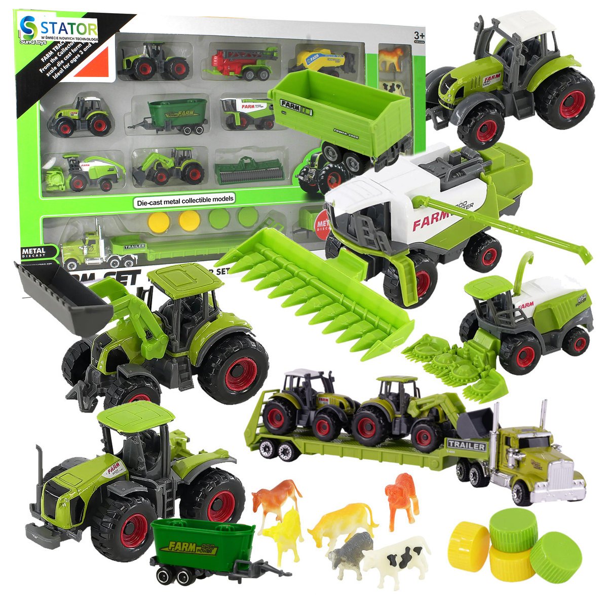 ZESTAW TRAKTOR CIĄGNIK KOMBAJN MASZYNY POJAZDY ROLNICZE ZWIERZĘTA PREZENT