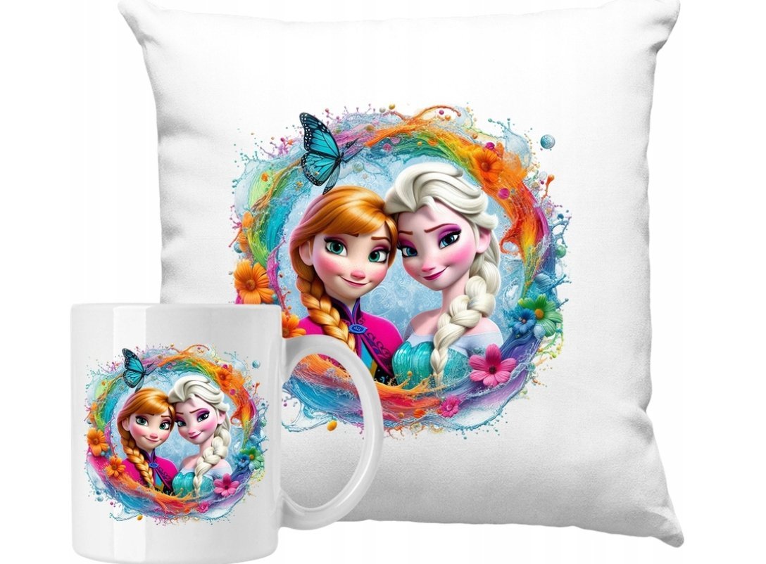 ZESTAW PODUSZKA + KUBEK Kraina Lodu Frozen Anna i Elsa + IMIĘ #3
