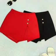 Spódnice - TEMU Eleganckie, jednokolorowe szorty damskie z wysokim stanem i akcentami guzikowymi - czerwone i czarne, casualowe i modne, letnia moda|Eleganckie - miniaturka - grafika 1