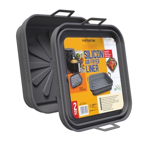 PORTENTUM Silikonowa frytkownica powietrzna w kształcie kwadratu 22,5 cm – zestaw 2 składanych pojemników Air Fryer wielokrotnego użytku – LFGB i BPA Free – akcesoria do frytkownicy