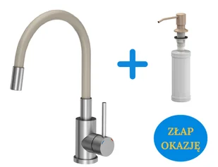Quadron POP Bateria zlewozmywakowa stalowa MAGGIE z elastyczną beżową wylewką plus dozownik okrągły do płynu KEIRA kolor river sand / piaskowy - Baterie kuchenne - miniaturka - grafika 1