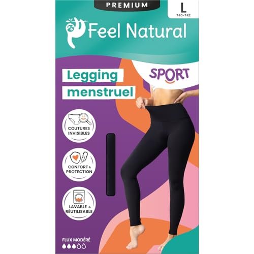 Feel Natural Damskie sportowe legginsy menstruacyjne, nadające się do prania, wielokrotnego użytku z niewidocznymi szwami, komfort i maksymalna ochrona dla aktywnego i nieprzeciekającego codziennego