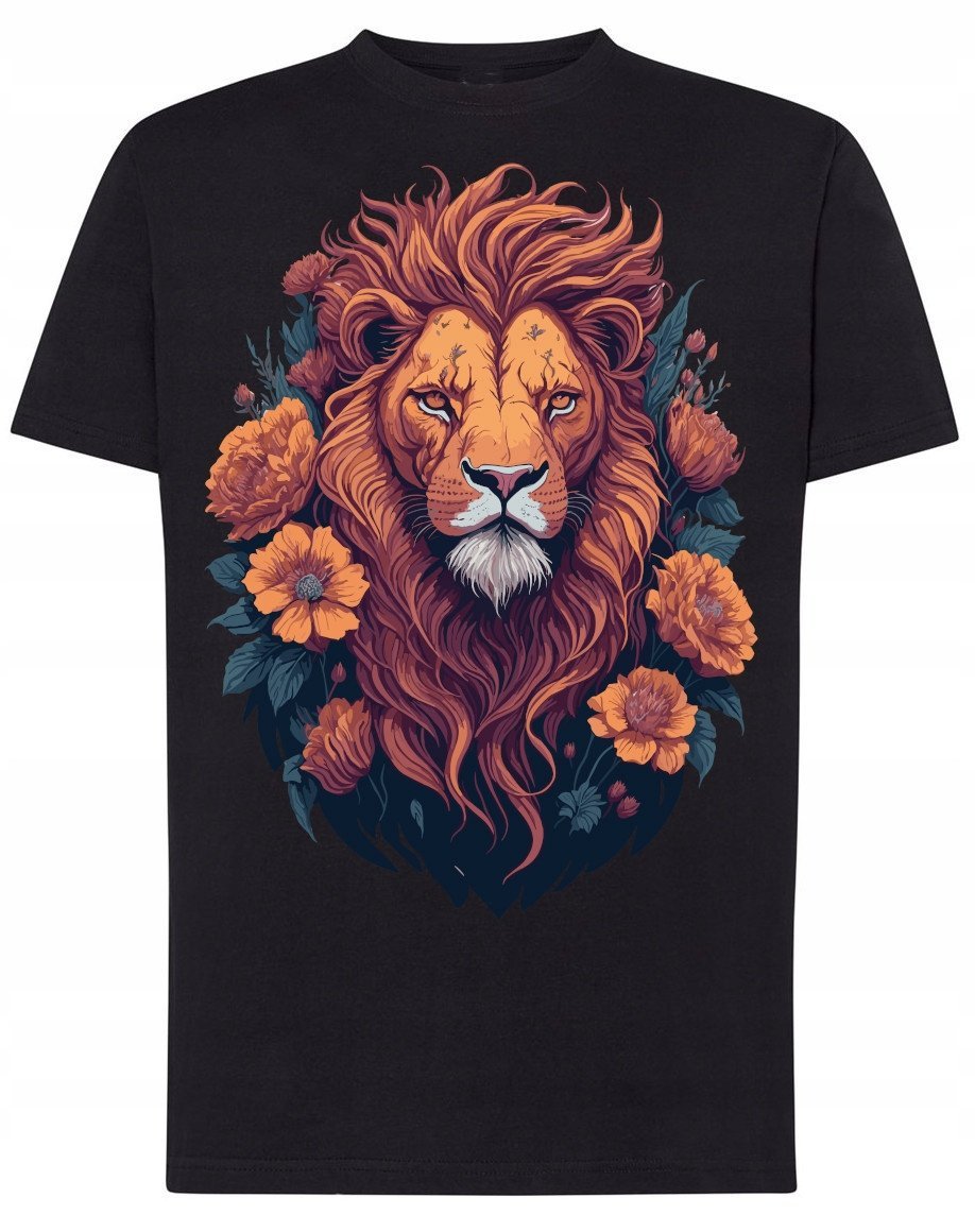 Męski T-shirt Lew Kwiaty Modny Nadruk Cudowny r.S