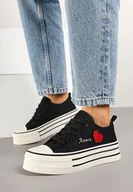 Trampki damskie - Czarne Trampki na Platformie z Ozdobnym Napisem i Aplikacją Efena - miniaturka - grafika 1