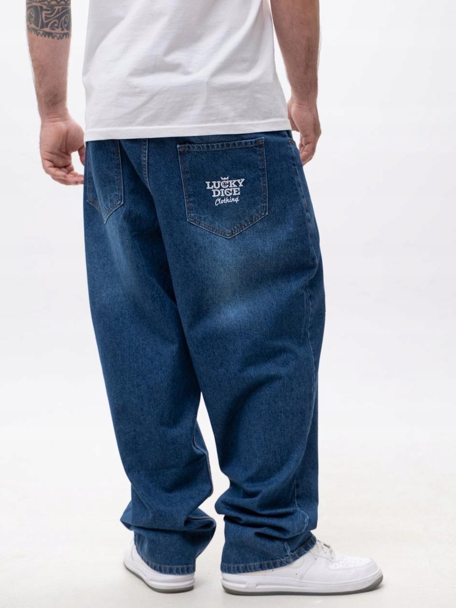 SZEROKIE Spodnie Jeansowe BAGGY Męskie Ciemne Niebieskie HAFTY Lucky XL