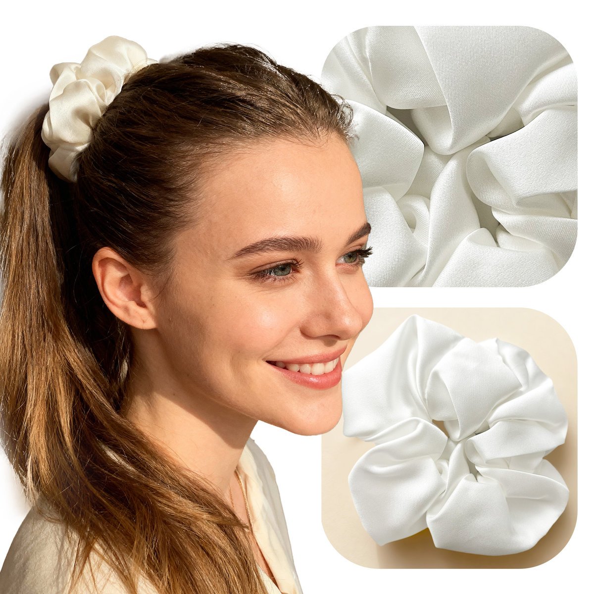 GUMKA SCRUNCHIE DO WŁOSÓW 100% JEDWAB NATURALNY MORWOWY BIAŁY 16MOMME 5CM