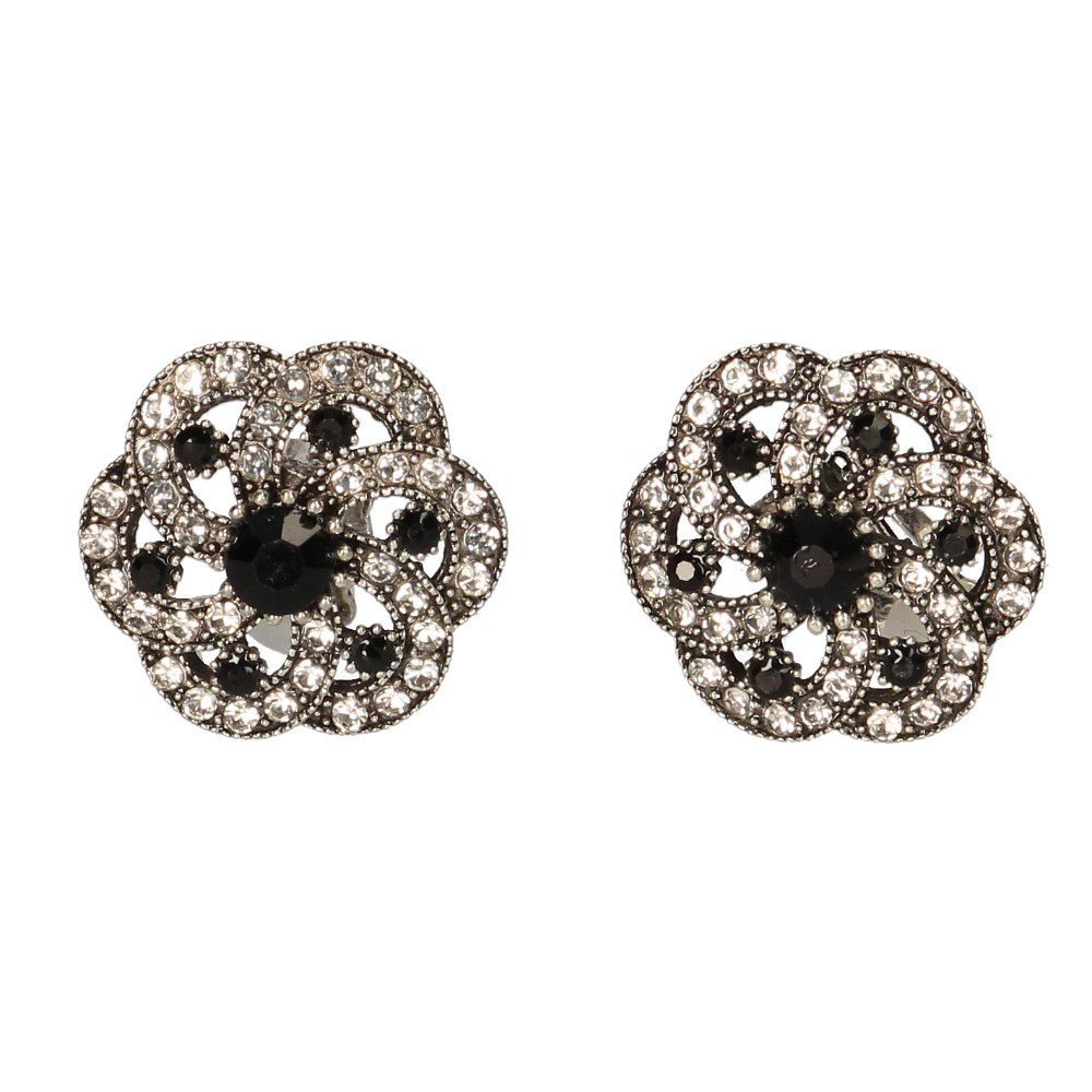 Klipsy do uszu srebrne eleganckie - kwiat z czarnym kamieniem i cyrkoniami