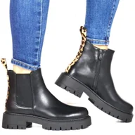 Botki damskie - DAMSKIE BOTKI NA TRAPEROWEJ GRUBEJ PODESZWIE Z OZDOBNYM PASKIEM PANTERKI BESTELLE 168-570 CZARNE - miniaturka - grafika 1