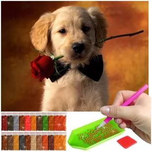 Haft Diamentowy ARTULIO, Obraz DIY 5D, Diamond Painting, Mozaika diamentowa 30x40cm (Szczeniak z różą) + zestaw akcesoriów - Malowanie po numerach - miniaturka - grafika 1