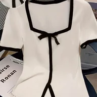 Koszule damskie - TEMU Bluzka Elegancka dla Kobiet - Biało-Czarna Dwukolorowa z Kokardą na Plecach, Formalna i Codzienna Bluzka - Nieprześwitująca, Pranie w Pralce, - miniaturka - grafika 1