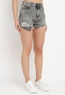 Spodenki damskie - Szare Jeansowe Bawełniane Szorty z Wysokim Stanem i Wystrzępionymi Nogawkami Ozdobione Cyrkoniami Moara - miniaturka - grafika 1