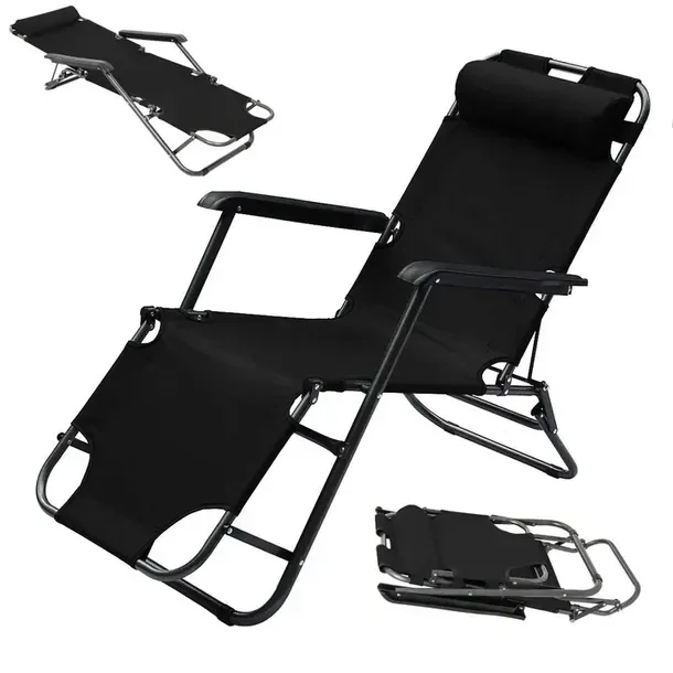 Leżak Ogrodowy Plażowy Składany Premium Gravity Czarny Krzesło Ogrodowe