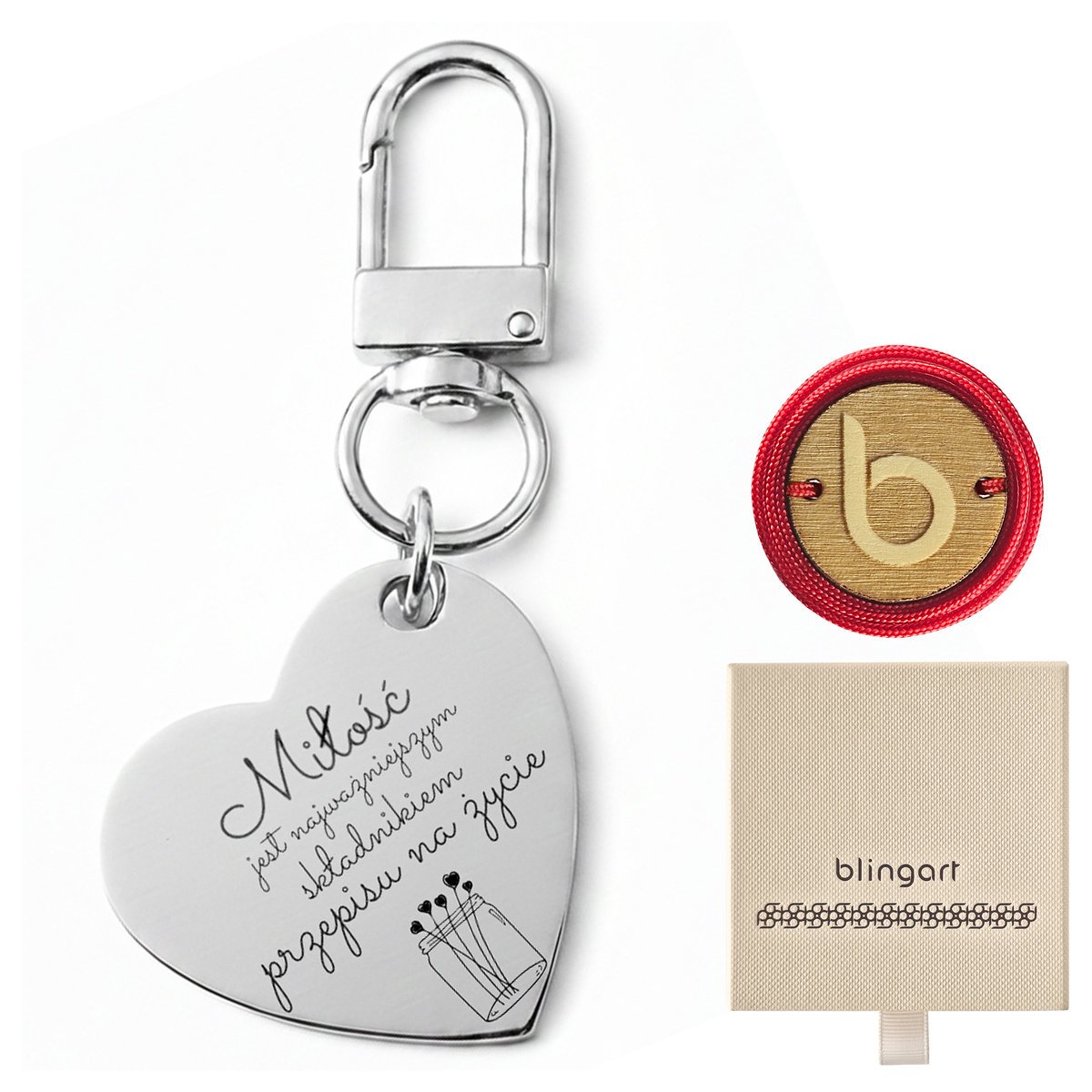 Brelok do kluczy z grawerem serce srebrna stal chi