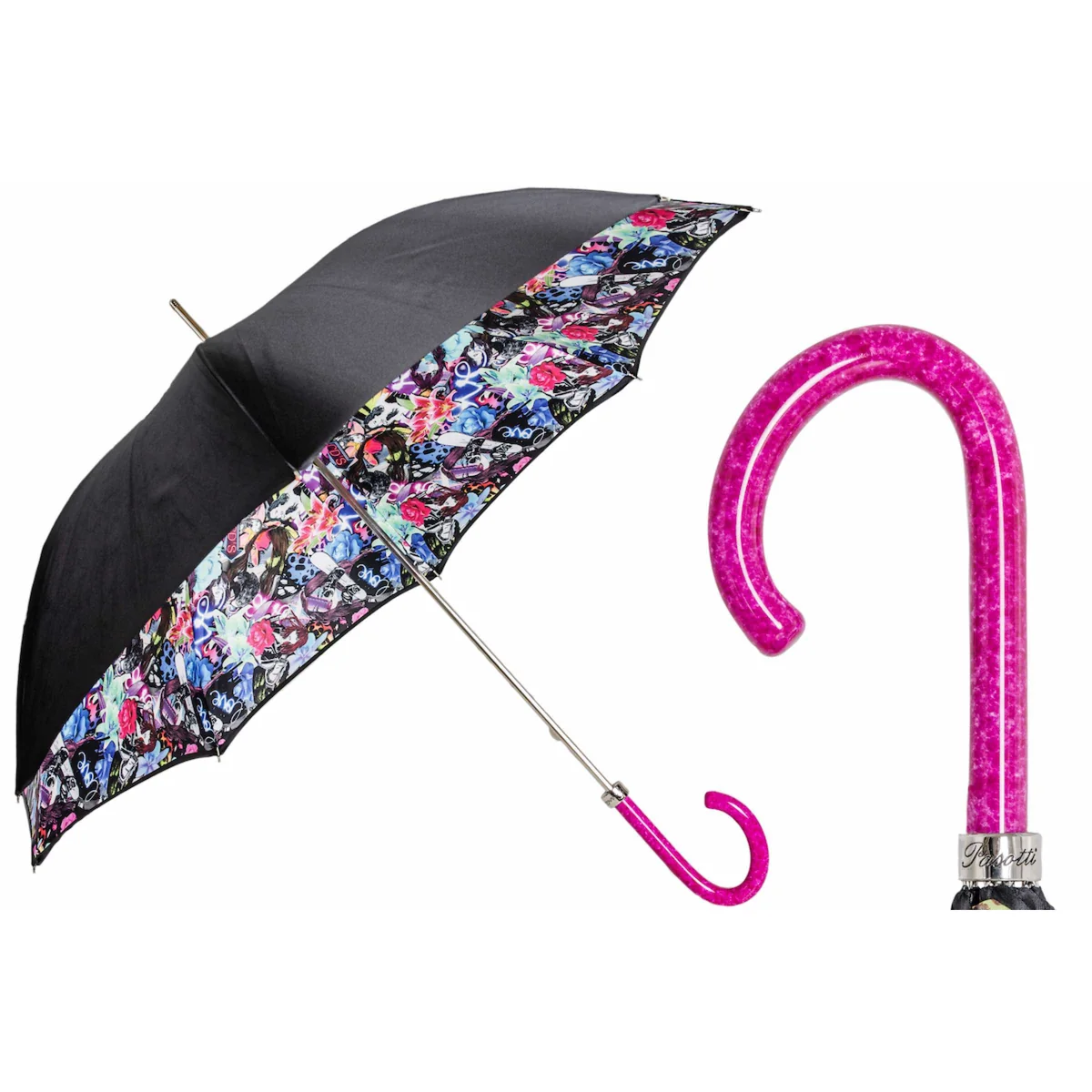Luksusowy Parasol Pasotti Pop Cool Graffiti Różowa Rączka Handmade Włochy