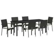 Meble ogrodowe - vidaXL 7-częściowy zestaw do jadalni ogrodowej z poduszkami Czarny Polirattan - miniaturka - grafika 1