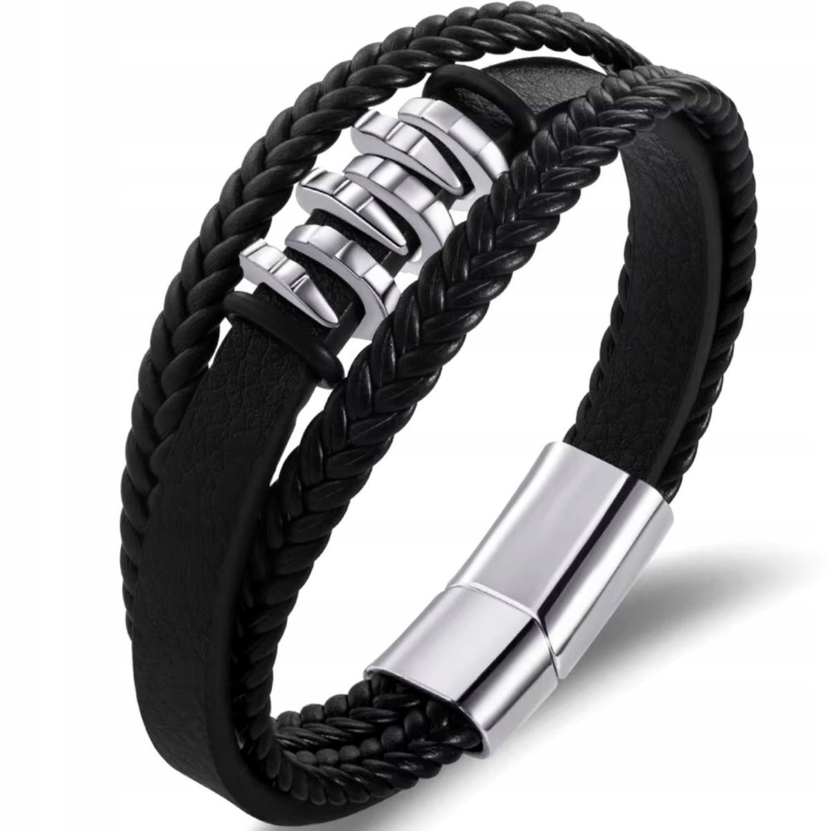 BRANSOLETKA MĘSKA SKÓRZANA SREBRNA POTRÓJNA MOCNA DLA TATY STAL