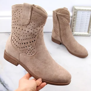 Zamszowe botki damskie ażurowe beżowe S.Barski HY66-135 beżowy - Botki damskie - miniaturka - grafika 1