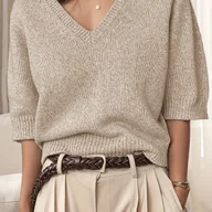 Swetry damskie - TEMU Sweter Damski z Dekoltem w Serek, Krótki Rękaw - Jednokolorowy, Luźny Fason, Miękka Oddychająca Bluzka na Wiosnę/, Minimalistyczny Design dla - miniaturka - grafika 1