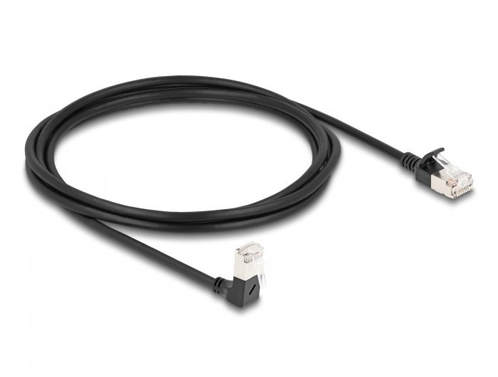 Delock RJ45 Kabel sieciowy Cat.6A S/FTP Slim 90° kątowy w dół / prosty 2 m czarny 80306